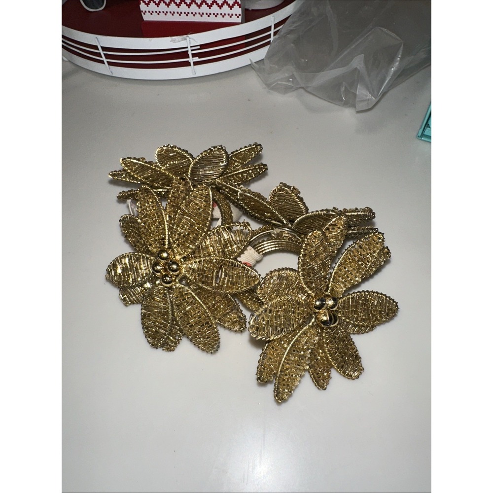 Pomegranate Gold Leaf Flower Napkin‎ Rings Set Of 4